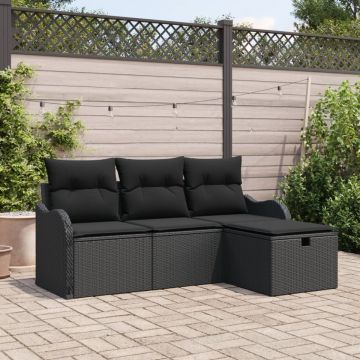 Set de Canapea de Grădină cu 4 Piese și Perne Negru Ratan Poli, Canapea de Grădină cu 2 Locuri cu Spațiu de Stocare & Perne Negru Ratan Poli