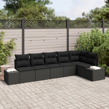 Set de canapea de grădină cu 6 piese și perne, Negru, Ratan poli