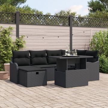 Set de Canapea de Grădină cu 7 Piese cu Perne Ratan Negru , Canapea de Grădină cu 2 Locuri cu Perne Ratan Negru