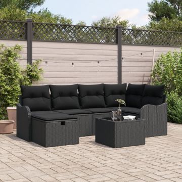 Set de Canapea de Grădină cu 7 Piese cu Pernițe Negru Ratan Poly, Canapeaua de Grădină cu 2 Locuri cu Pernițe Negru Ratan Poly
