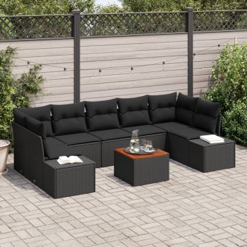 Set de canapea de grădină cu 8 piese cu perne, negru, poliratan, acacia