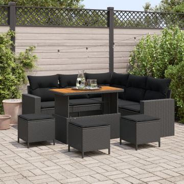 Set de canapea de grădină cu 8 piese cu perne Negru Poliratan, Set de dining de grădină cu 3 piese cu perne Negru Poliratan