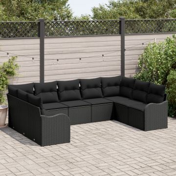 Set de canapea de grădină cu 9 piese și perne, ratan poli, negru, Canapea de grădină cu 2 locuri și perne, ratan poli, negru