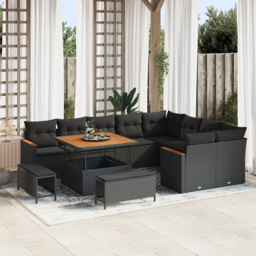 Set de canapea de grădină cu perne 12 piese Negru Poliratan Acacia, Set de dining de grădină 3 piese cu perne Negru Poliratan Acacia