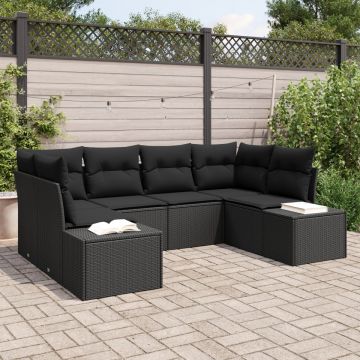 Set de canapea de grădină de 6 piese cu perne, Negru, Poliratan