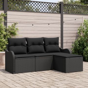 Set de Canapea Grădină 4 Piese cu Perne Rattan Polimer Negru, Canapea de Grădină 2 Locuri cu Perne Rattan Polimer Negru