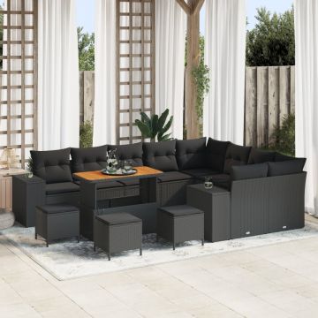 Set de Canapea Grădină de 13 Piese cu Perne Negru Poliratan Acacia, Set de Dining pentru Grădină de 4 Piese cu Perne Negru Poliratan Acacia