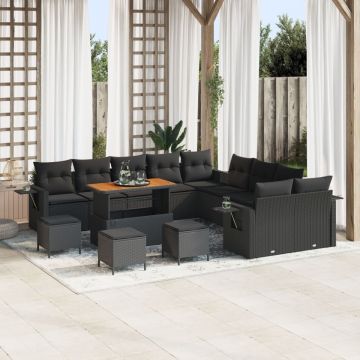 Set de canapea pentru grădină cu 14 piese și perne Negru Ratan Poli Acacia, Set de dining pentru grădină cu 4 piese și perne Negru Ratan Poli Acacia