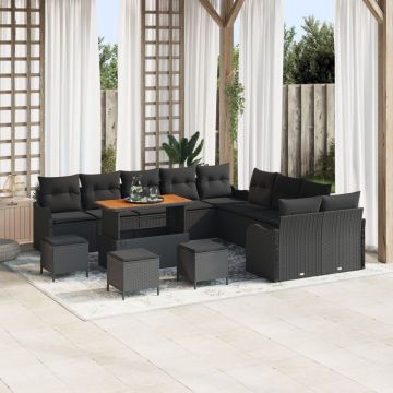 Set de Canapea pentru Grădină de 14 piese cu Perne Negru Poliratan Acacia, Canapea de Grădină cu 2 locuri și Perne Negru Poliratan, Set de Dining pentru Grădină de 4 piese cu Perne Negru Poliratan Acacia