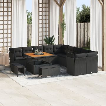 Set de canapele pentru grădină cu perne negre din poliratan acacia, Set de dining pentru grădină cu 3 piese cu perne negre din poliratan acacia