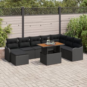 Set de canapele pentru grădină cu pernuțe Ratan Negru Poliester Acacia, Canapea pentru grădină cu 2 locuri și pernuțe Ratan Negru Poliester