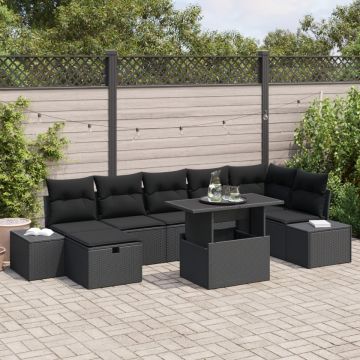 Set de canapele pentru grădină de 8 piese cu perne Negru Ratan Poli
