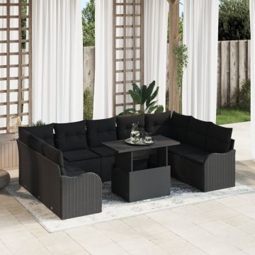 Set de canapele pentru grădină din 10 piese cu perne, Negru, Poliratan, Canapea de grădină pentru 2 persoane cu perne, Negru, Poliratan