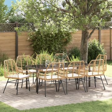 Set de dining de grădină cu 9 piese cu perne maro din ratan poli