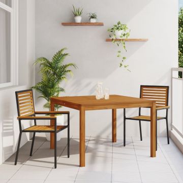 Set de dining pentru grădină 3 piese din poli rattan negru și acacia, Scaune de grădină stivuibile cu perne 2 buc poli rattan negru