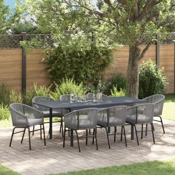 Set de dining pentru grădină cu 10 piese cu perne Gri Poli Ratan, Masă extensibilă pentru grădină Anthracite (140-210)x90x73 cm Oțel