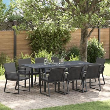 Set de dining pentru grădină cu perne Rattan PE negru, Masa extensibilă pentru grădină antracit (140-210)x90x73 cm oțel