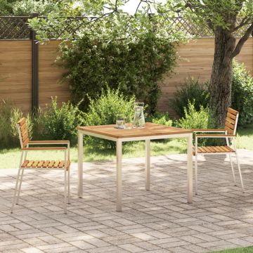 Set de dining pentru grădină de 3 piese din lemn solid de acacia, Masă de dining pentru exterior 90x90x74.5 cm din lemn solid de acacia, Scaune de grădină stivuibile 2 bucăți din lemn solid de acacia și oțel