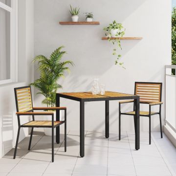 Set de Masă pentru Grădină 3 Piese din Ratan Negru și Acacia, Scaune Stivuibile pentru Grădină cu Perne 2 buc Ratan Negru