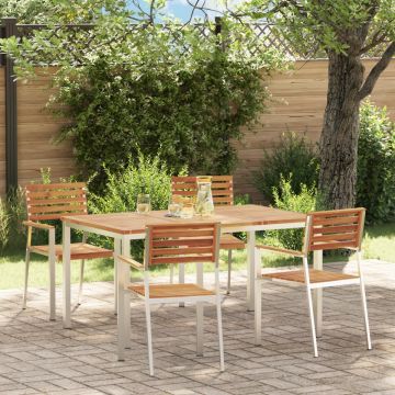 Set de Masă pentru Grădină 5 Piese Lemn Masiv de Acacia, Masă de Exterior 150x90x75 cm Lemn Masiv de Acacia, Scaune Grădină Stivuite 4 buc Lemn Masiv de Acacia și Oțel