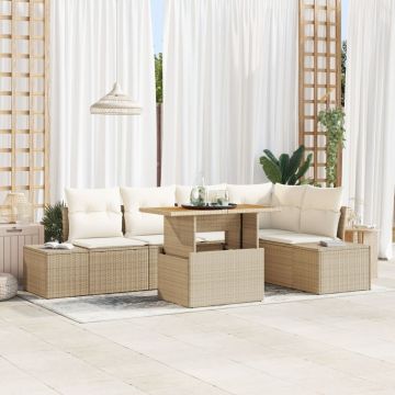 Set de Masă pentru Grădină 6 Piese cu Perne Bej Ratan Poly Acacia