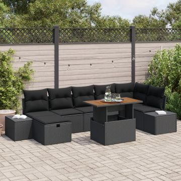 Set de Masă pentru Grădină cu 8 Piese cu Perne Negru Poliratan Acacia