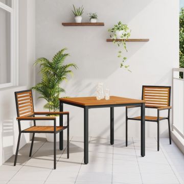 Set de Masă pentru Grădină de 3 Piese Rattan Poly Negru Acacia, Scaune de Grădină Stivuibile cu Perne 2 buc Rattan Poly Negru, Masă de Grădină 90x90x75 cm Lemn Solid de Acacia și Metal