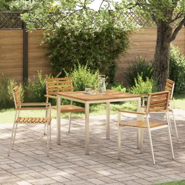 Set de mese pentru grădină cu 5 piese din lemn masiv de acacia, Masă de mese în aer liber 90x90x74.5 cm din lemn masiv de acacia, Scaune de grădină stivuibile 4 buc din lemn masiv de acacia și oțel