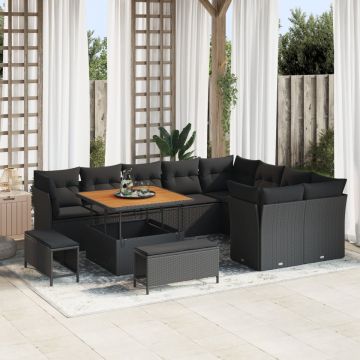 Set de sofa de grădină 12 piese cu perne Negru Poli Ratan Acacia, Set de dining de grădină 3 piese cu perne Negru Poli Ratan Acacia