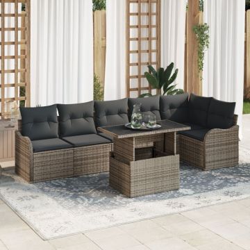Set de Sofa de Grădină 7 Piese cu Perne Gri Poliratan, Sofa de Grădină 2-Seater cu Perne Gri Poliratan