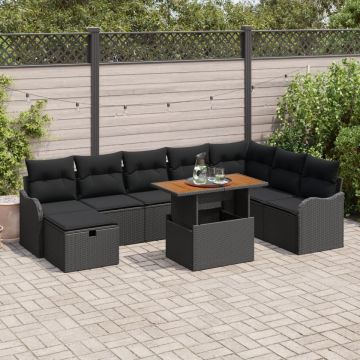 Set de Sofa de Grădină 9 Piese cu Perne Negru Poliratan, Sofa de Grădină 2 Persoane cu Perne Negru Poliratan