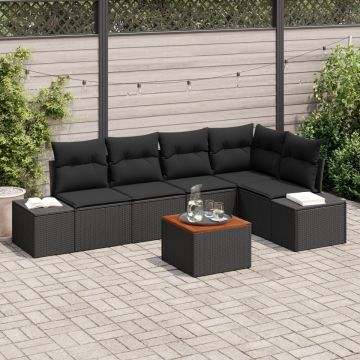 Set de sofa de grădină cu 6 piese și perne negre din poliratan și lemn de acacia