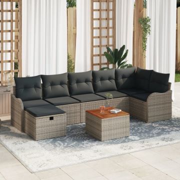 Set de Sofa de Grădină cu 8 Piese cu Pernuțe Gri Ratan Polimeric, Sofa de Grădină cu 2 Locuri cu Pernuțe Gri Ratan Polimeric