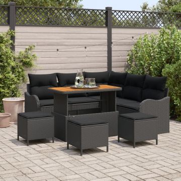 Set de Sofa de Grădină cu 8 piese și perne Negru Ratan Poli Acacia, Sofa de Grădină cu 2 Locuri cu Depozitare și Perne Negru Ratan Poli, Set de Dining de Grădină cu 3 piese și Perne Negru Ratan Poli Acacia