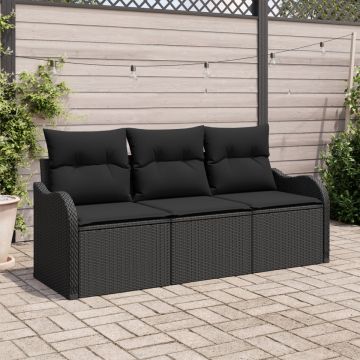 Set de sofa de grădină de 3 piese cu perne Negru Poliratan