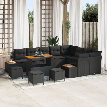 Set de sofa pentru grădină cu 12 piese și perne din poliratan negru de acacia, Set de dining pentru grădină cu 3 piese și perne din poliratan negru de acacia