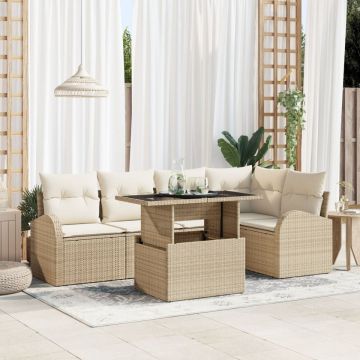 Set de Sofa pentru Grădină cu 6 Piese și Perne Bej din Ratan Polimer, Sofa de Grădină cu 2 Locuri cu Spațiu de Depozitare și Perne Bej din Ratan Polimer