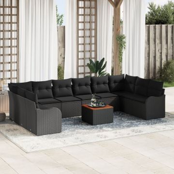 Set de Sofă pentru Grădină de 11 Piese cu Pernuțe Ratan Negru Acacia, Sofa pentru Grădină cu 2 Locuri cu Spațiu de Stocare & Pernuțe Ratan Negru