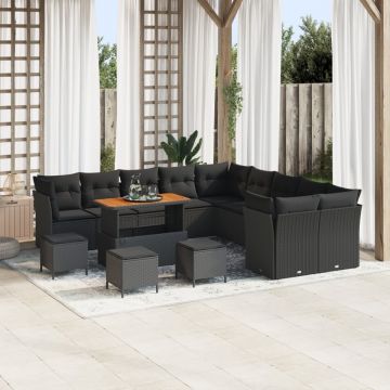 Set de Sofa pentru Grădină de 14 Piese cu Perne Negru Poliratan Acacia, Set de Cină pentru Grădină de 4 Piese cu Perne Negru Poliratan Acacia