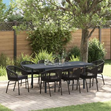 Set mese grădină 10 piese cu perne Negru Poli Rattan, Masă grădină extensibilă Anthracite (140-210)x90x73 cm Oțel