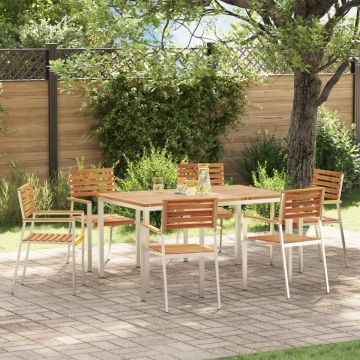Set mese grădină 7 piese lemn masiv de acacia, Masă dining 150x90x75 cm lemn masiv de acacia, Scaune terasă stackable 2 buc lemn masiv de acacia și oțel, Scaune terasă stackable 4 buc lemn masiv de acacia și oțel