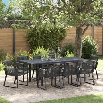 Set mese grădină 9 Piese Negru Poliratan, Masă grădină extensibilă Anthracite (140-210)x90x73 cm Oțel