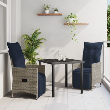 Set mese grădină cu perne gri, Masă grădină neagră 80x80x73 cm cu sticlă securizată