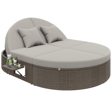 Șezlong dublu din ratan pentru 2 persoane, pat de zi pentru exterior cu spătar reglabil și raft lateral, 199,9x140,5x41,9 cm, Gri