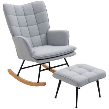 HOMCOM Fotoliu cu leagăn și otomană în design scandinav Fotoliu cu taburet, Lemn de fag, Captuseală, 64 cm x 89 cm x 90 cm Gri | Aosom Romania