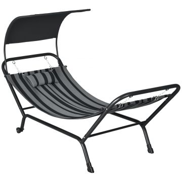 Outsunny Şezlong bain de soleil transat din oțel și poliester cu acoperiș și pernă, dim. 240L x 92l x 148H cm | Aosom Romania