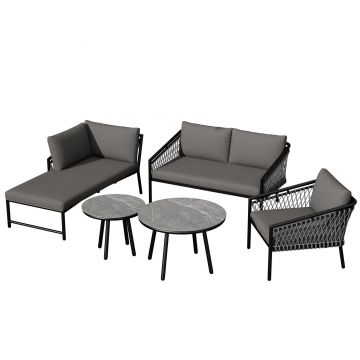 Set de lounge pentru grădină, Set de canapea modern pentru exterior cu frânghie țesută manual, Include perne de șezut și spate, Gri