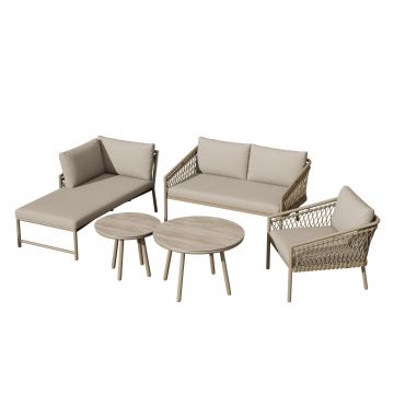 Set de lounge pentru grădină, Set de canapea modern pentru exterior cu frânghie țesută manual, Include perne de șezut și spate, Khaki