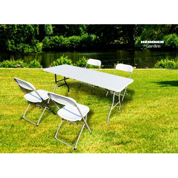 Set masa cu scaune pliabile Heinner, 180x70x74 cm/50x44x80 cm, otel/HDPE plastic, alb