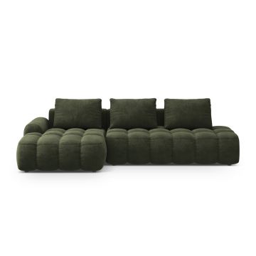 Coltar extensibil stanga 3 locuri, Linz, Cosmopolitan Design, 275x142x84 cm, cotiera dreapta, catifea, verde